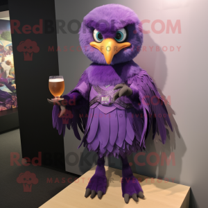 Purple Hawk mascot costume character dressed with a Cocktail Dress and Hairpins
