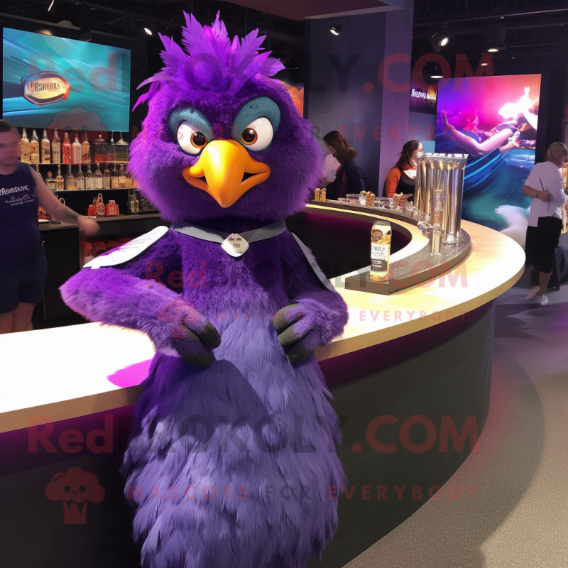 Purple Hawk mascot costume character dressed with a Cocktail Dress and Hairpins