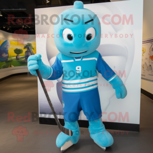 Cyan Ice Hockey Stick mascot costume character dressed with a Jumpsuit and Earrings