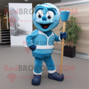 Cyan Ice Hockey Stick mascot costume character dressed with a Jumpsuit and Earrings