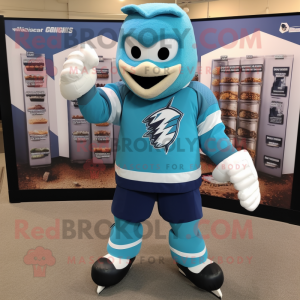 Cyan Ice Hockey Stick mascot costume character dressed with a Jumpsuit and Earrings