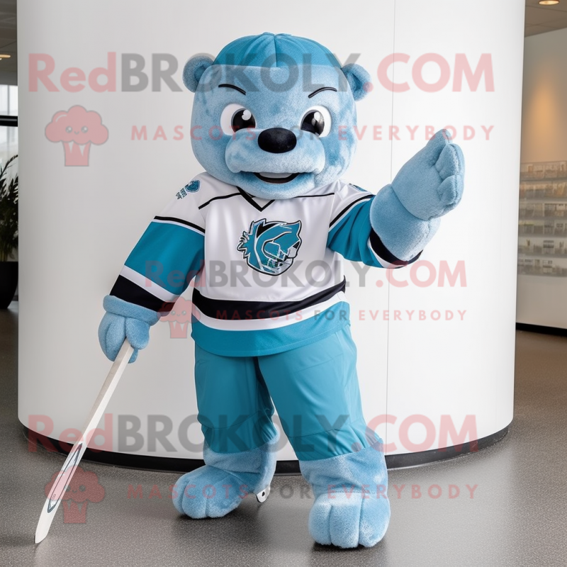 Cyan Ice Hockey Stick mascot costume character dressed with a Jumpsuit and Earrings Cyan Ice Hockey Stick mascot costume character dressed with a Jumpsuit and Earrings