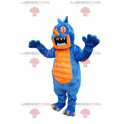 Blue and yellow monster mascot with psychedelic eyes -