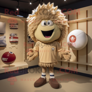 Beige Rugby Ball mascot costume character dressed with a Henley Tee and Hairpins