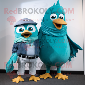 Teal Steak mascot costume character dressed with a Boyfriend Jeans and Shawls