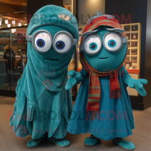 Teal Steak mascot costume character dressed with a Boyfriend Jeans and Shawls