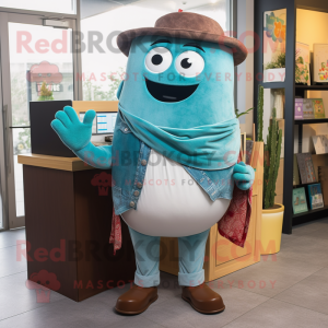 Teal Steak mascot costume character dressed with a Boyfriend Jeans and Shawls