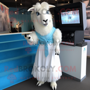 Sky Blue Angora Goat mascot costume character dressed with a Wedding Dress and Suspenders