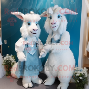 Sky Blue Angora Goat mascot costume character dressed with a Wedding Dress and Suspenders