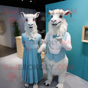 Sky Blue Angora Goat mascot costume character dressed with a Wedding Dress and Suspenders