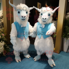 Sky Blue Angora Goat mascot costume character dressed with a Wedding Dress and Suspenders