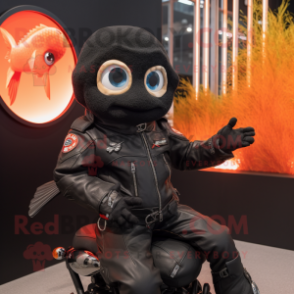 Black Goldfish mascot costume character dressed with a Moto Jacket and Rings