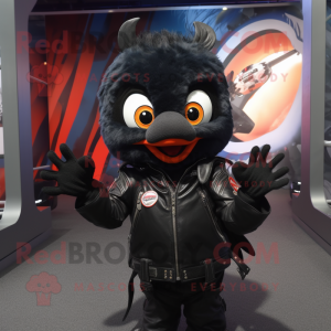 Black Goldfish mascot costume character dressed with a Moto Jacket and Rings