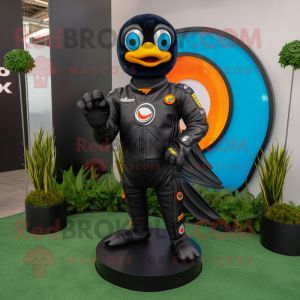 Black Goldfish mascot costume character dressed with a Moto Jacket and Rings