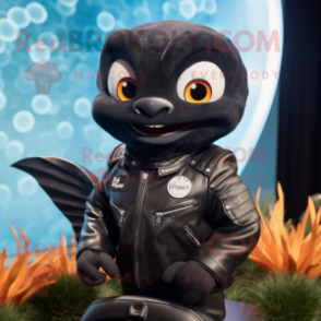 Black Goldfish mascot costume character dressed with a Moto Jacket and Rings