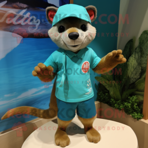 Turquoise Marten mascot costume character dressed with a Bermuda Shorts and Hair clips