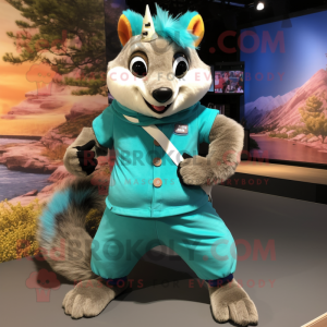 Turquoise Marten mascot costume character dressed with a Bermuda Shorts and Hair clips