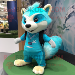 Turquoise Marten mascot costume character dressed with a Bermuda Shorts and Hair clips