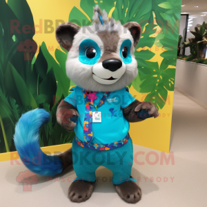 Turquoise Marten mascot costume character dressed with a Bermuda Shorts and Hair clips