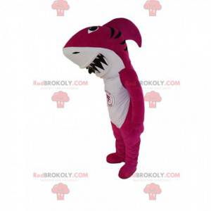 Mascotte de requin fushia avec une immense mâchoire -