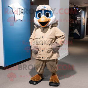 Beige Blue Jay mascot costume character dressed with a Parka and Shoe clips