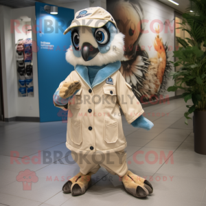 Beige Blue Jay mascot costume character dressed with a Parka and Shoe clips