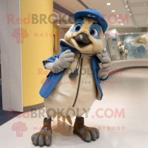 Beige Blue Jay mascot costume character dressed with a Parka and Shoe clips