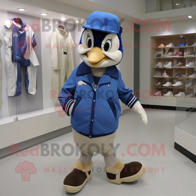 Beige Blue Jay mascot costume character dressed with a Parka and Shoe clips Beige Blue Jay mascot costume character dressed with a Parka and Shoe clips
