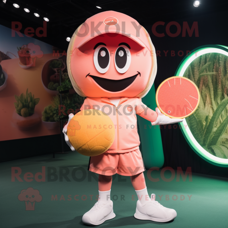 Peach Tennis Racket mascot costume character dressed with a Bodysuit and Beanies Peach Tennis Racket mascot costume character dressed with a Bodysuit and Beanies