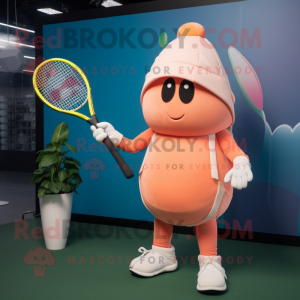 Peach Tennis Racket mascot costume character dressed with a Bodysuit and Beanies