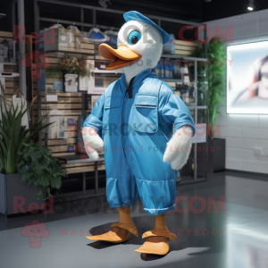 Blue Geese mascot costume character dressed with a Dungarees and Anklets