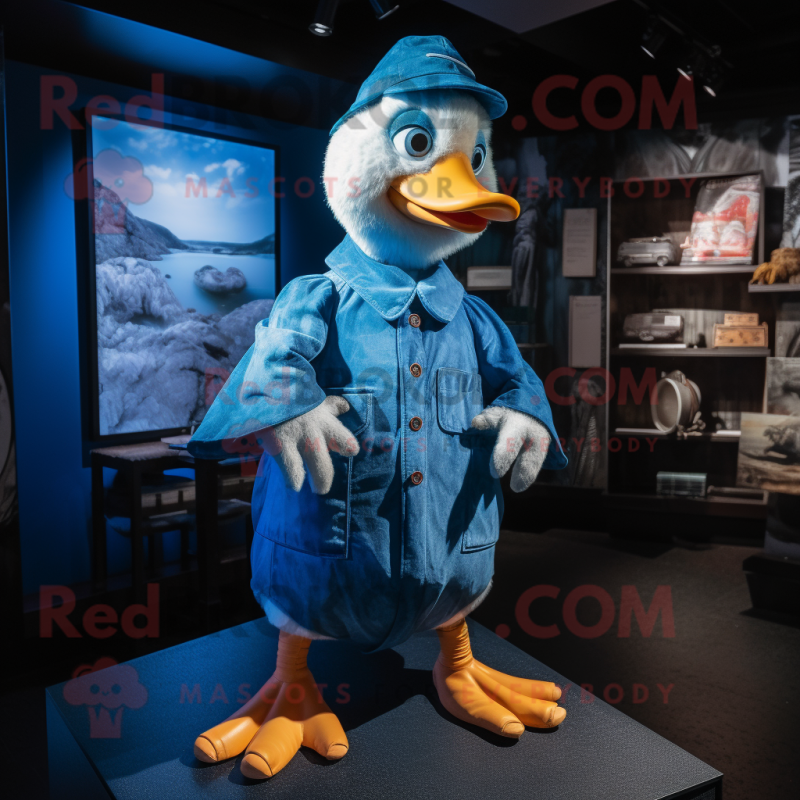 Blue Geese mascot costume character dressed with a Dungarees and Anklets