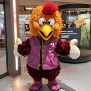 Maroon Chicken mascot costume character dressed with a Jacket and Hair clips