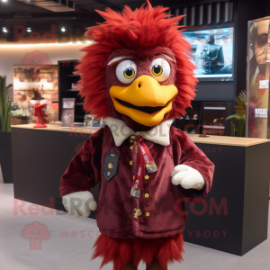 Maroon Chicken mascot costume character dressed with a Jacket and Hair clips