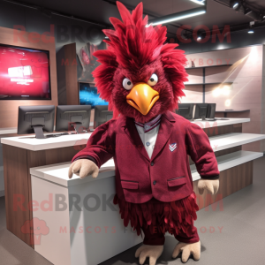 Maroon Chicken mascot costume character dressed with a Jacket and Hair clips