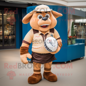 Tan Rugby Ball mascot costume character dressed with a Poplin Shirt and Belts
