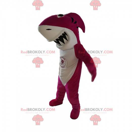 Mascotte de requin fushia avec une immense mâchoire -