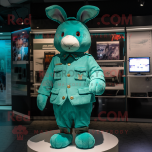 Turquoise Rabbit mascot costume character dressed with a Bodysuit and Berets