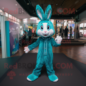 Turquoise Rabbit mascot costume character dressed with a Bodysuit and Berets