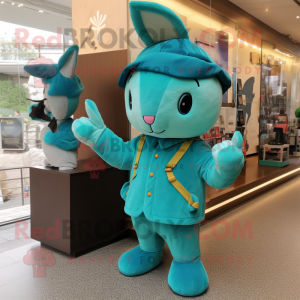 Turquoise Rabbit mascot costume character dressed with a Bodysuit and Berets