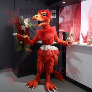 Red Velociraptor mascot costume character dressed with a Cocktail Dress and Cummerbunds