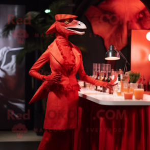 Red Velociraptor mascot costume character dressed with a Cocktail Dress and Cummerbunds