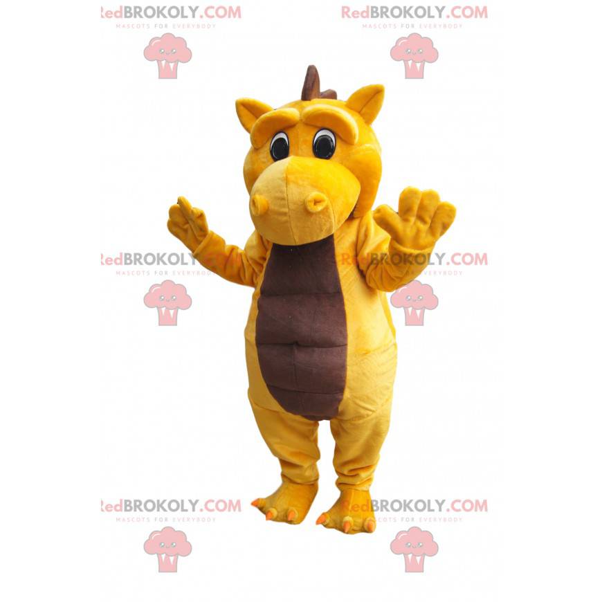 Mascote de dinossauro amarelo e marrom triste - Redbrokoly.com