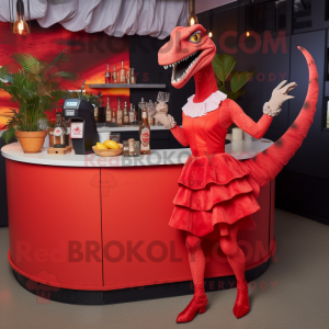 Red Velociraptor mascot costume character dressed with a Cocktail Dress and Cummerbunds
