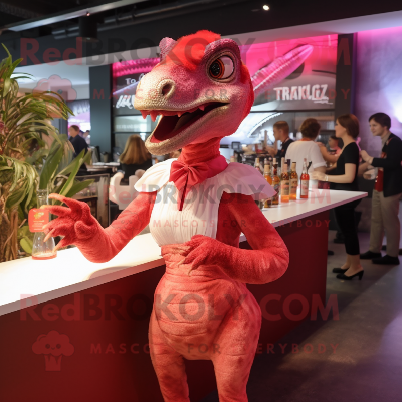 Red Velociraptor mascot costume character dressed with a Cocktail Dress and Cummerbunds