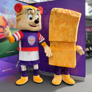 Purple Grilled Cheese Sandwich mascot costume character dressed with a Rugby Shirt and Cummerbunds