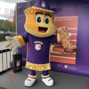 Purple Grilled Cheese Sandwich mascot costume character dressed with a Rugby Shirt and Cummerbunds