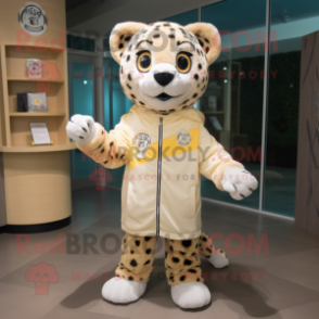 Cream Cheetah mascot costume character dressed with a Windbreaker and Tote bags