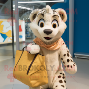 Cream Cheetah mascot costume character dressed with a Windbreaker and Tote bags