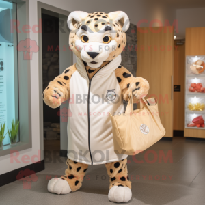 Cream Cheetah mascot costume character dressed with a Windbreaker and Tote bags